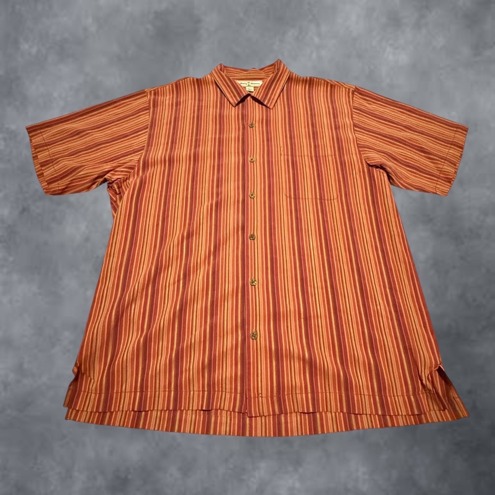 Tommy Bahama Mens L 100% Silk Striped Short Sleeve Camp Button Up Shirt Orange